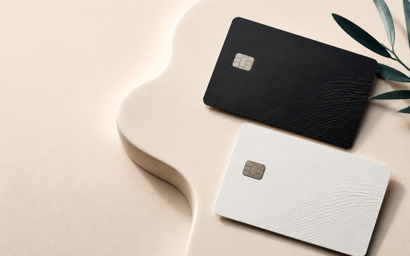A premium black card and white card arranged on a continuous cream sculpted surface